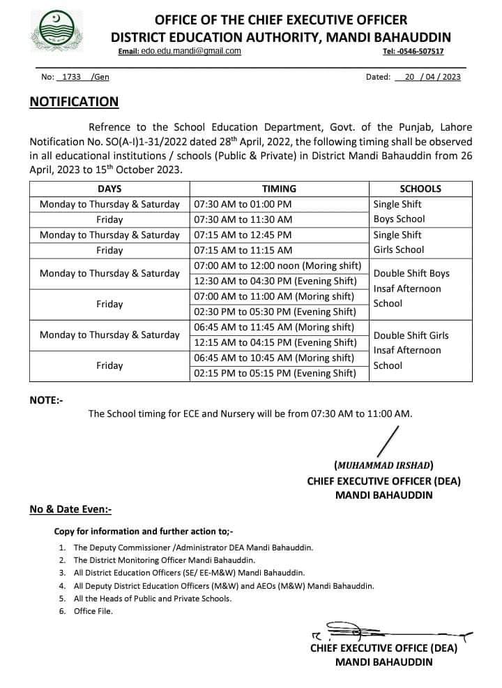 govt school timing notification 2023 after ramadan and Eid Ul Fitr