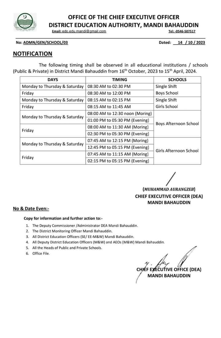 Government Schools Timings Notification in Punjab For 2023-24